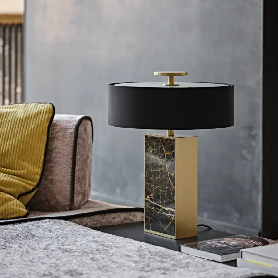 Distinguished Black Tie Thelma table lamp with white Carrara marble and polished golden metal accents crafted in Italy