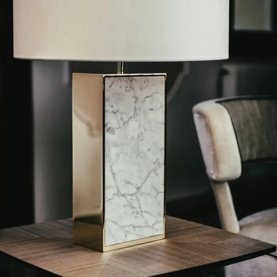 Meticulous Black Tie Thelma table lamp crafted in white Carrara marble with polished golden metal accents and a light beige lampshade
