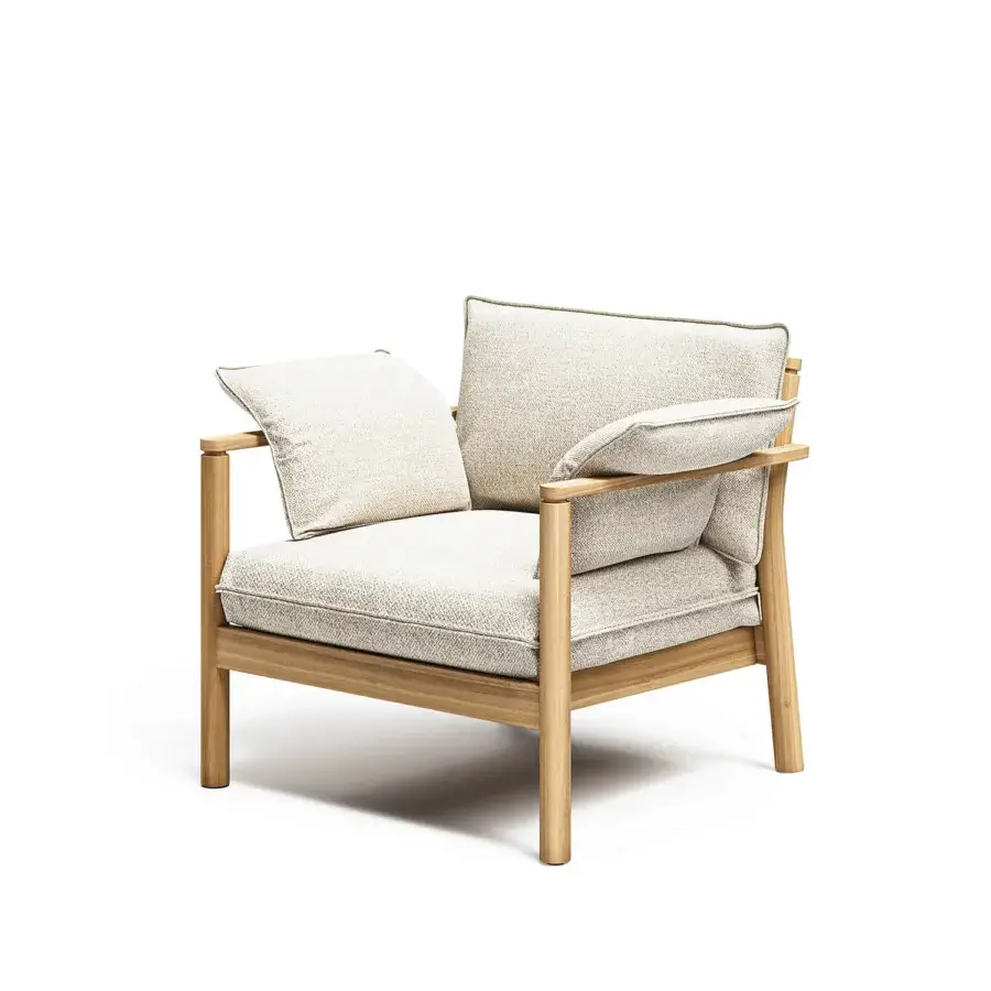 Elegant Atmosphera Panama lounge chair with cylindrical teak frame and neutral beige woven cushions built for graceful aging