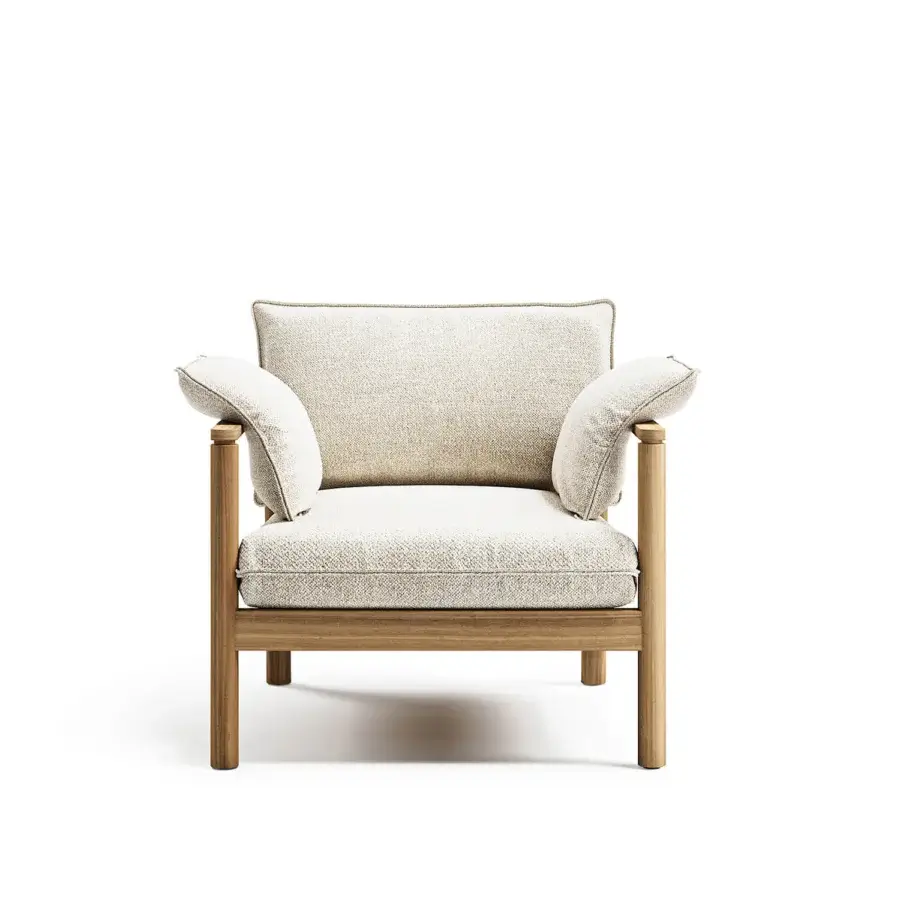 Distinguished Atmosphera Panama lounge chair with cylindrical teak frame and warm neutral beige upholstery crafted with a satin finish