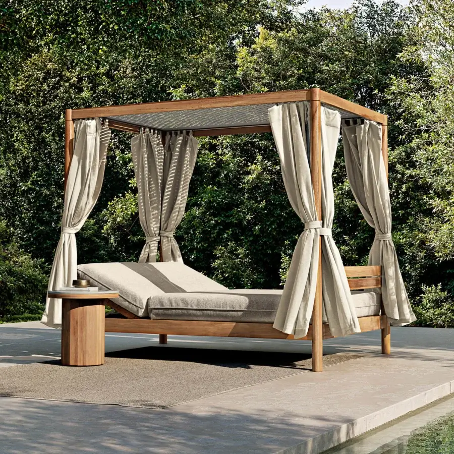 Sophisticated Atmosphera Panama daybed with solid teak frame, perforated white aluminum roof and light-beige cushions in satin finish