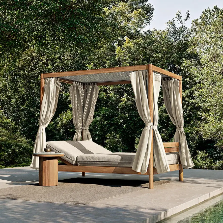 Elegant Atmosphera Panama daybed with solid teak frame, white aluminum roof and integrated reclining mattresses