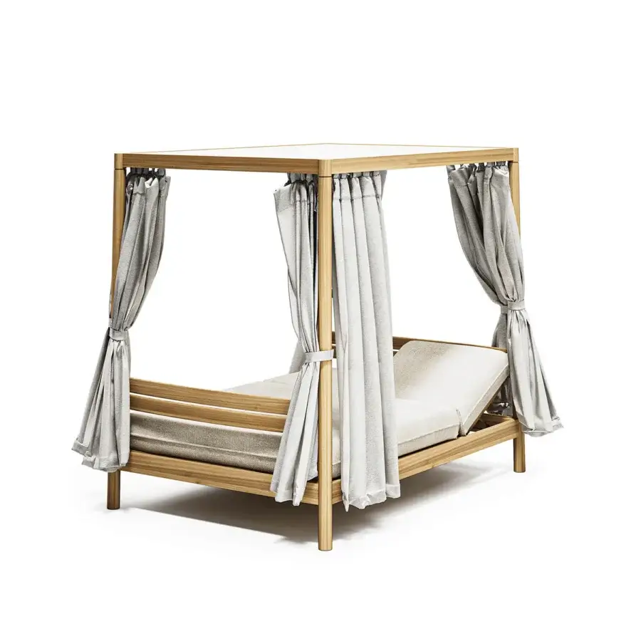 Exceptional Atmosphera Panama daybed with solid teak frame, light beige cushions and flowing sheer light gray curtains