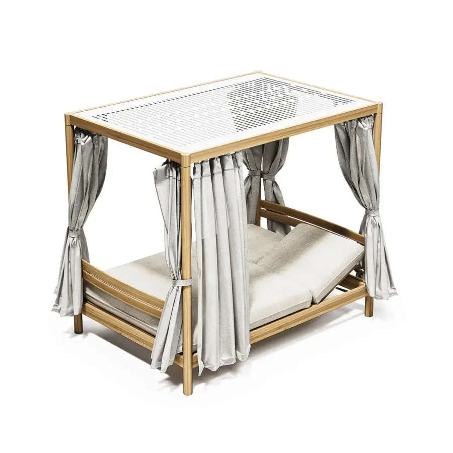 Superior Atmosphera Panama daybed crafted with solid teak, white aluminum roof and light gray cushions for relaxed lounging