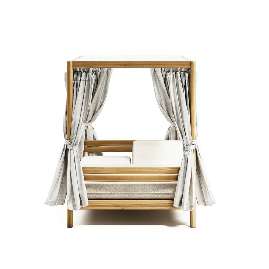 Lavish Atmosphera Panama daybed built with solid teak, a perforated white aluminum roof and flowing light-grey curtains