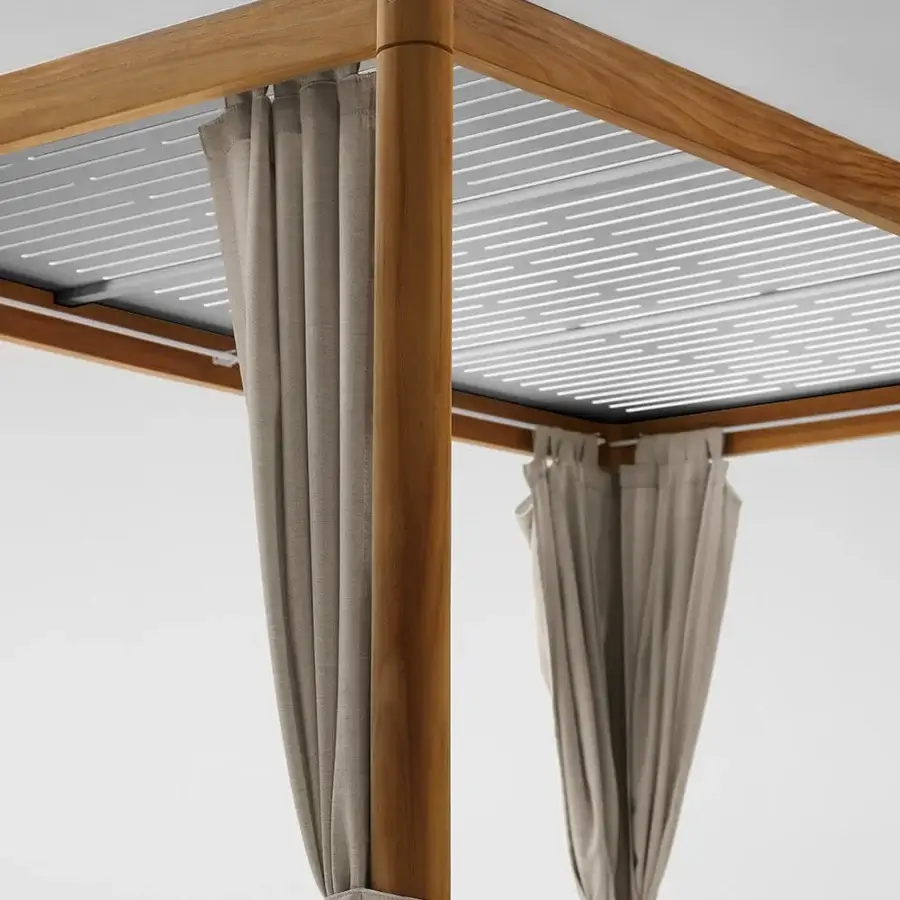 Distinguished Atmosphera Panama daybed with solid teak frame, perforated white aluminum roof and neutral beige curtains in satin finish