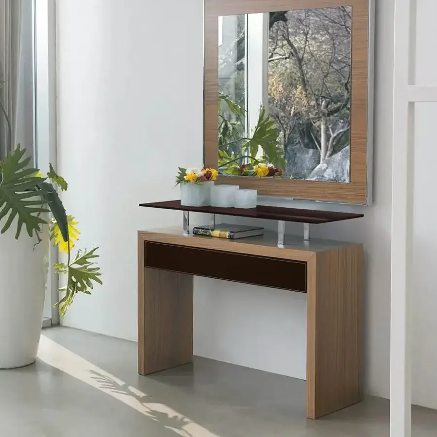 Refined Ivano Antonello Italia Ade console with dark brown satin wood drawer and lighter wood grain frame