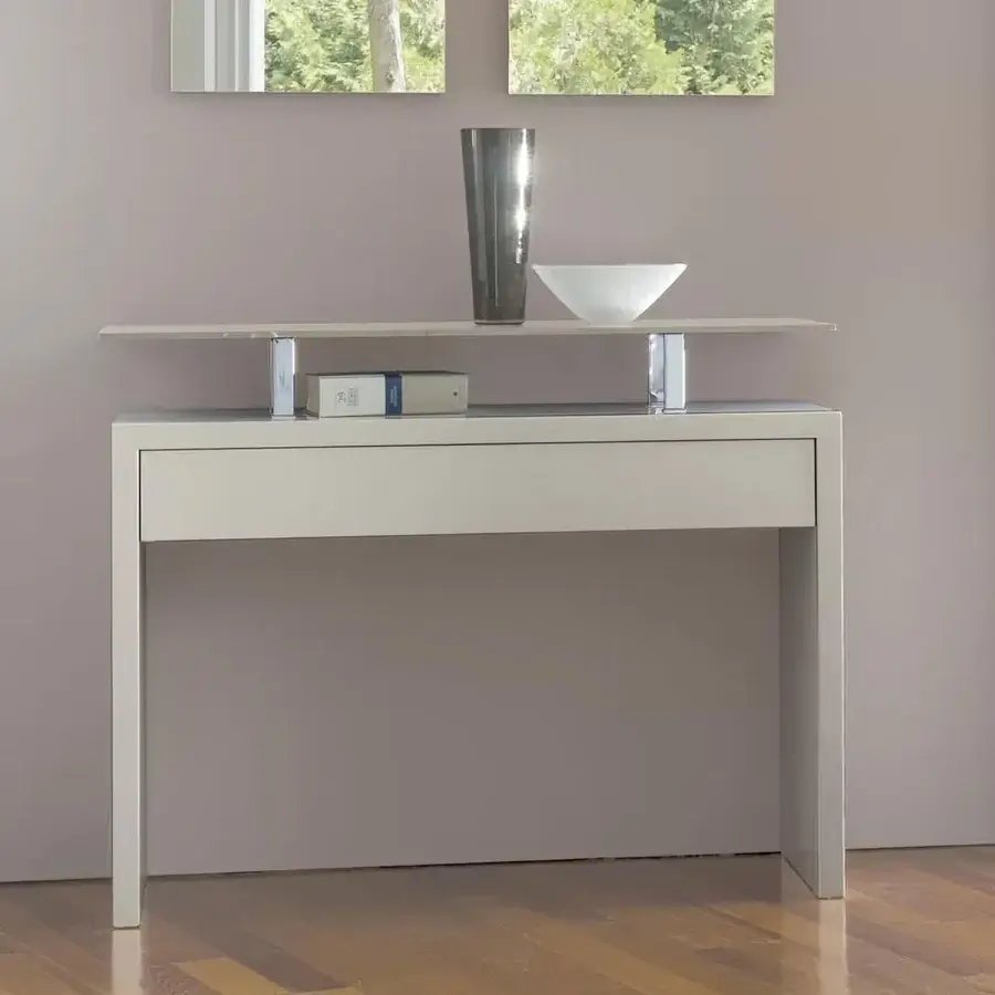 Superior Ivano Antonello Italia Ade console with a sleek steel tube structure and glossy lacquered wood frame
