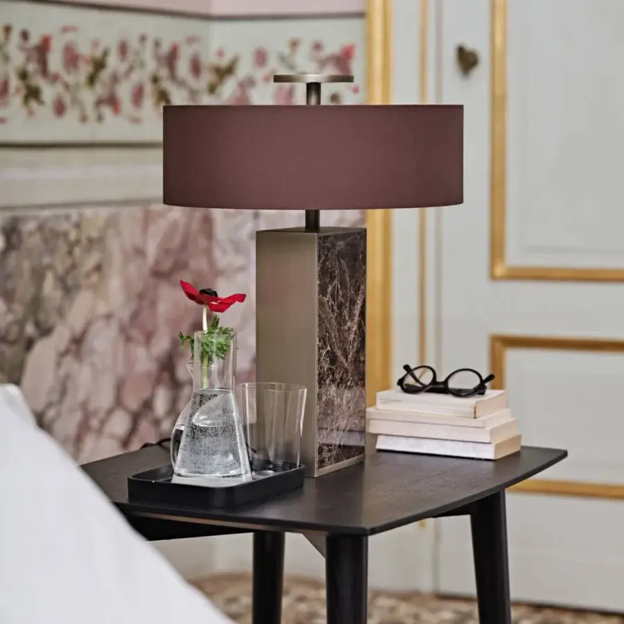 Harmonious Black Tie Diva table lamp with Emperador marble base and rich brown hard-fabric lampshade offering ambient illumination
