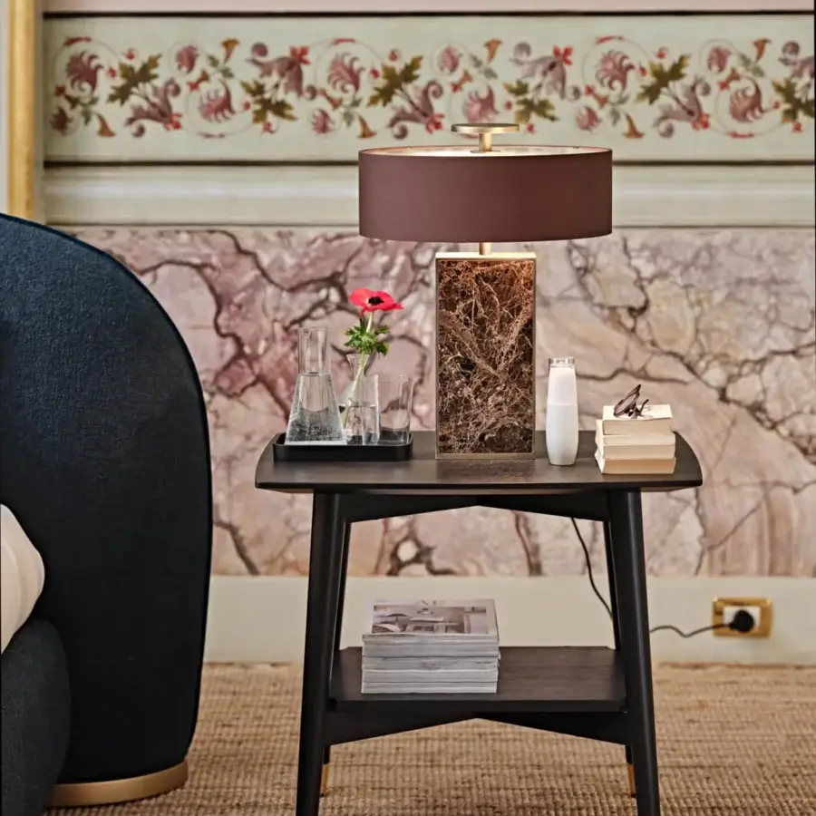 Distinguished Black Tie Diva table lamp with Emperador marble encased in a dark wood frame and textural dark brown hard-fabric lampshade
