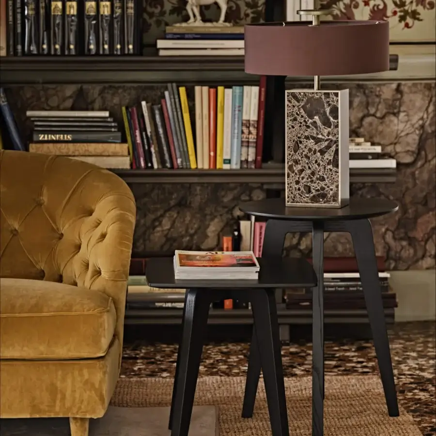 Exceptional Black Tie Diva table lamp with Emperador marble and dark-toned wood built with a reddish-brown hard-fabric lampshade