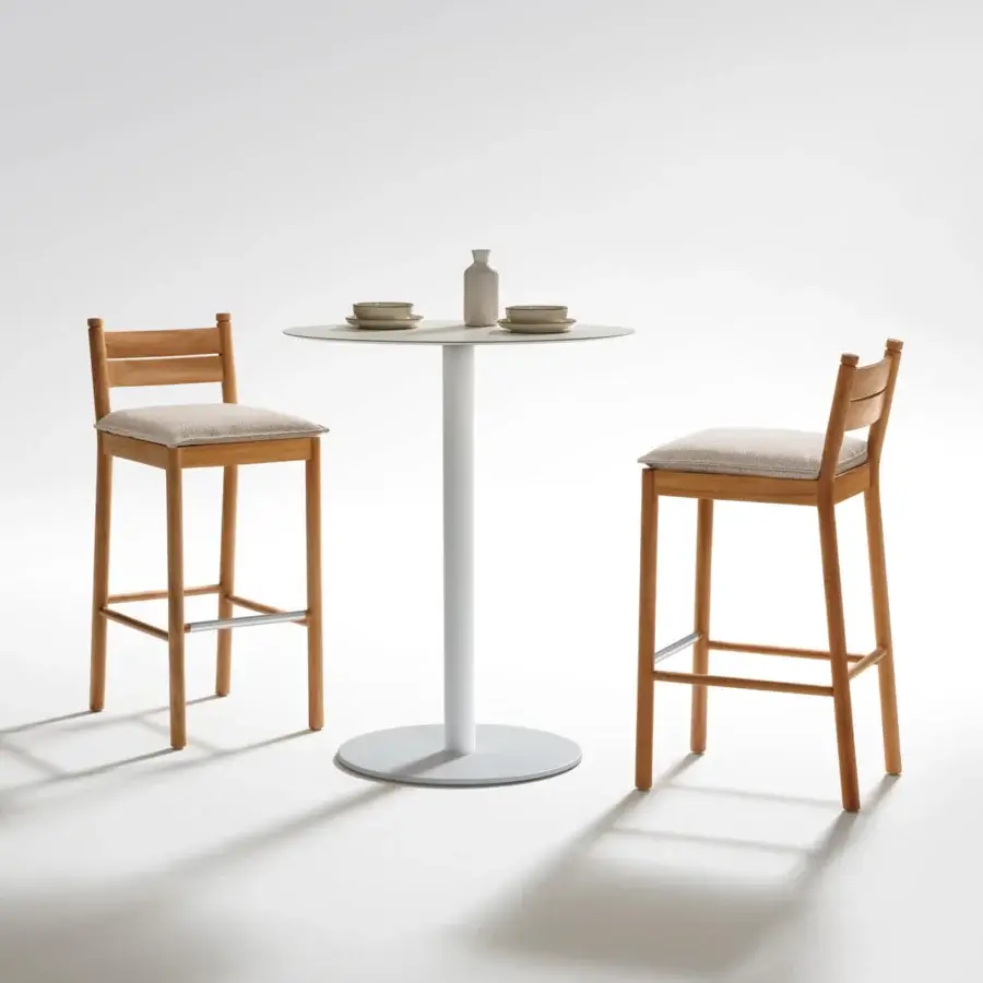 Distinguished Atmosphera Panama stool built in timber with warm medium-brown finish and comfortable neutral beige cushion