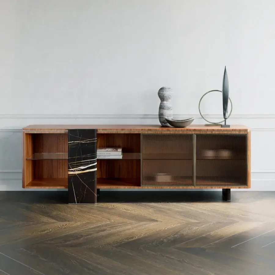 Distinguished Capital Aurelia sideboard crafted in wood essence with bronzed glass doors and dark vertically-grained marble legs with a satin finish