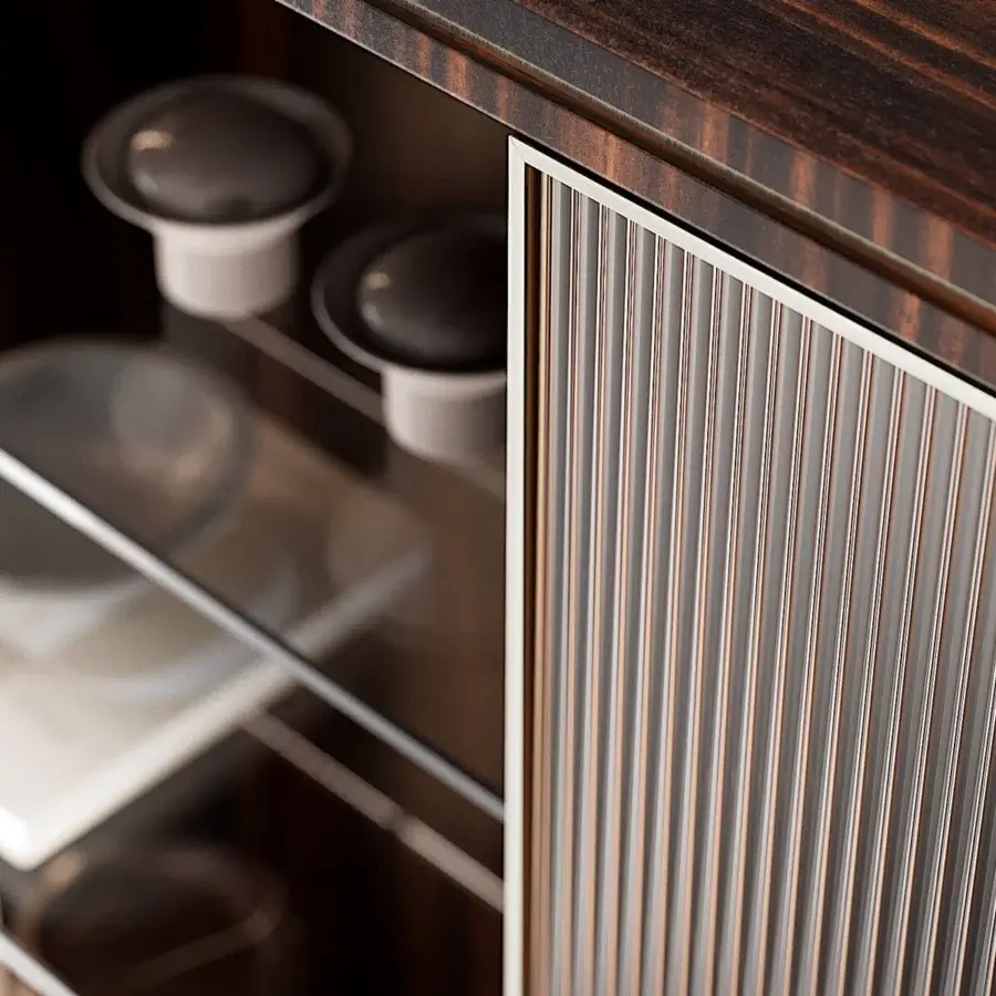 Exceptional Capital Aurelia sideboard built in wood essence with bronzed glass doors and metallic trim in a satin finish