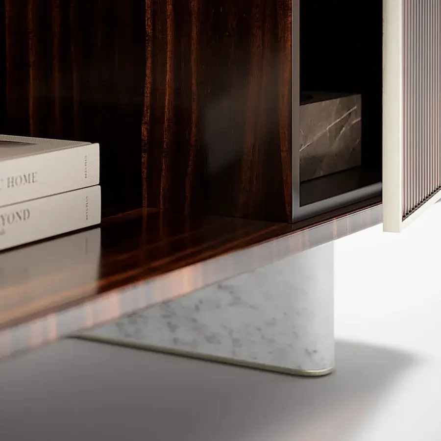 Superior Capital Aurelia sideboard built in wood essence with marble legs and bronzed glass doors featuring delicate cannettes with glossy finish