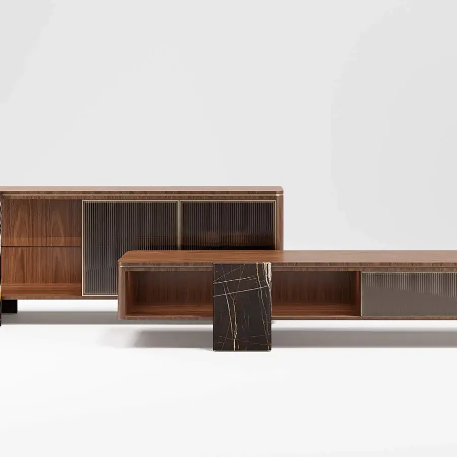 Exceptional Capital Aurelia sideboard crafted in wood essence with dark panels, gold veining and bronzed glass doors with cannettes in a satin finish