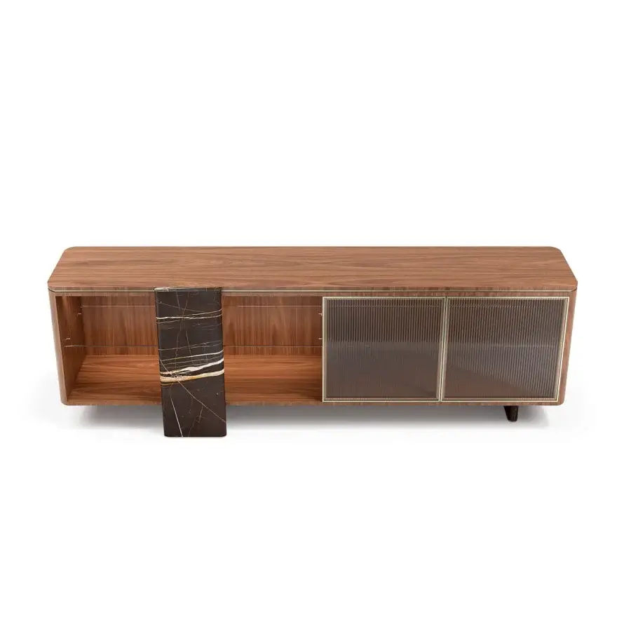 Luxury Capital Aurelia sideboard built in wood essence with bronzed glass doors and marble legs, satin finish
