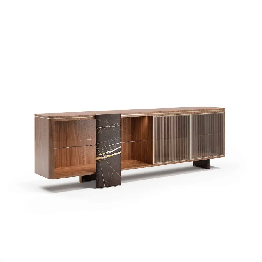 Exceptional Capital Aurelia sideboard crafted in wood essence with bronzed glass doors and dark polished stone-like inserts with satin finish