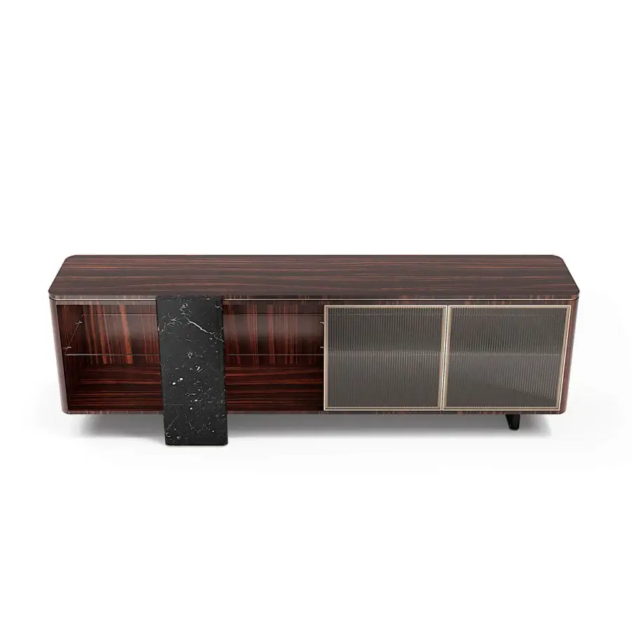 Distinguished Capital Aurelia sideboard crafted in wood essence with bronzed glass doors and substantial marble legs with a satin finish