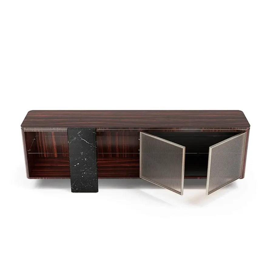 Exceptional Capital Aurelia sideboard built in wood essence with bronzed glass doors and metallic trim in a dark reddish-brown satin finish