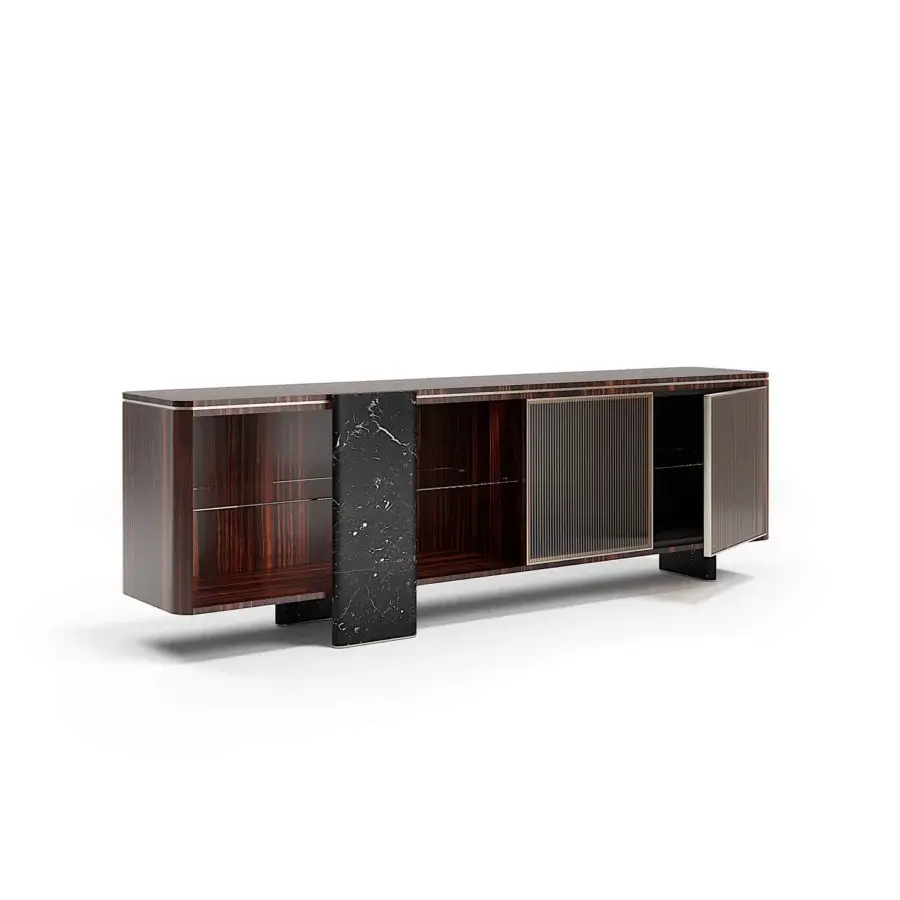 Superior Capital Aurelia sideboard crafted in wood essence with marble legs and bronzed glass doors featuring metallic accents with a satin finish