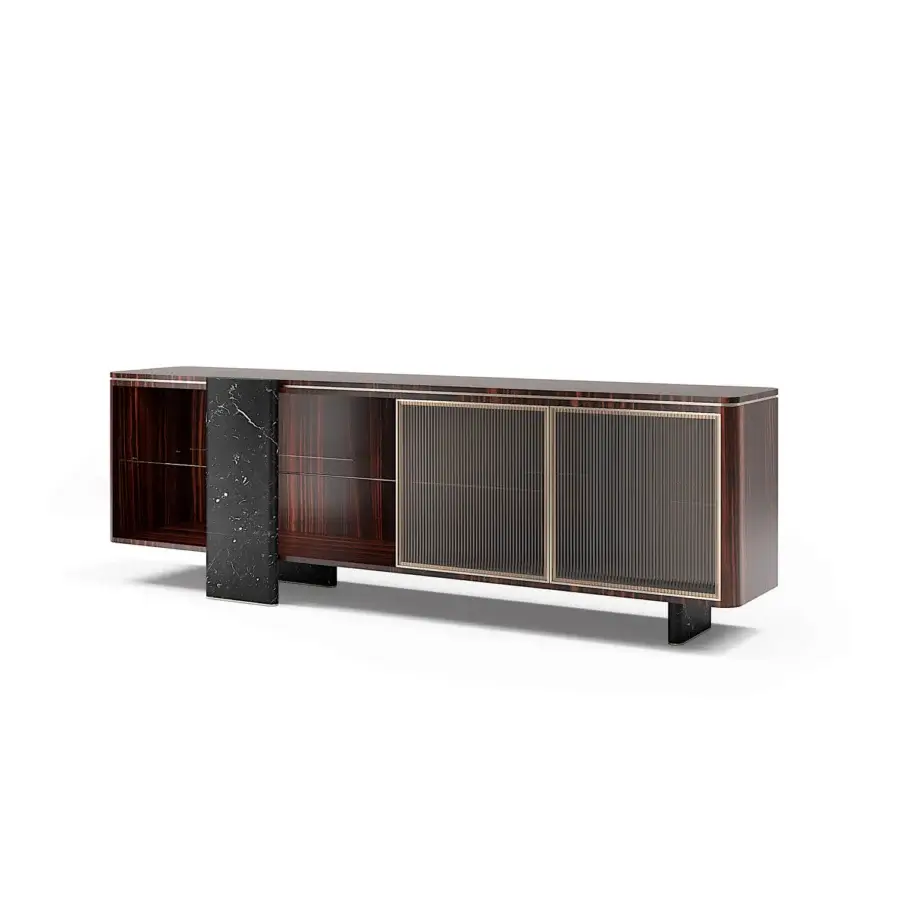 Lavish Capital Aurelia sideboard built in wood essence with black marble legs and gold-toned metal trim with a polished finish