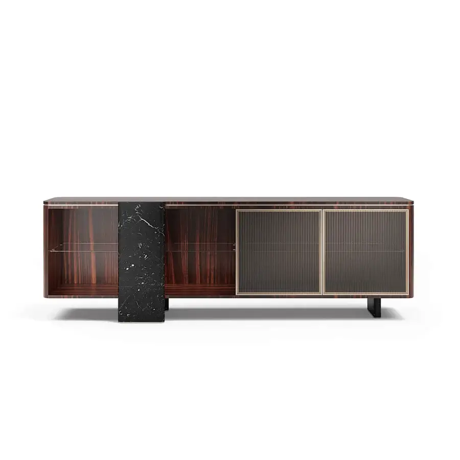Distinguished Capital Aurelia sideboard crafted in wood essence with bronzed glass doors and striking black marble legs with satin finish