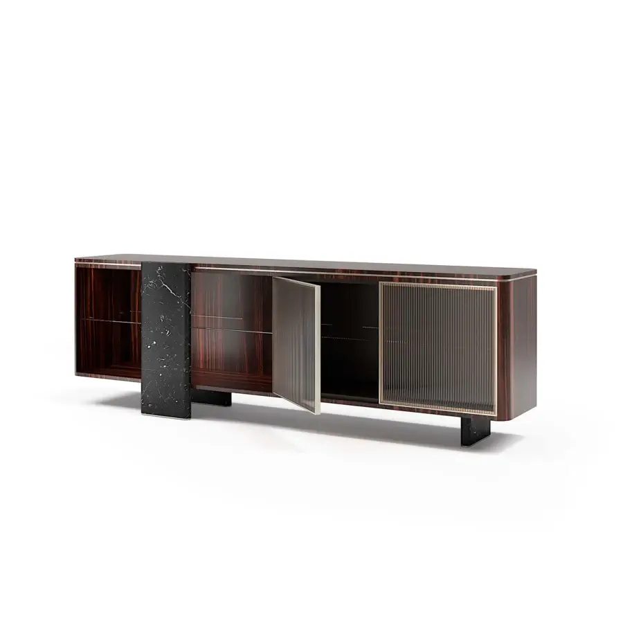 Exceptional Capital Aurelia sideboard crafted in wood essence with striking marble legs and bronzed glass doors with metallic details in satin finish
