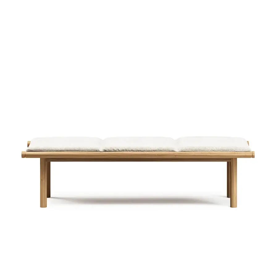 Elegant Atmosphera Panama bench with teak structure and off-white cushions exhibits a satin finish and groove detail