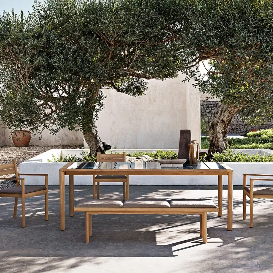 Superior Atmosphera Panama bench built in teak with a satin finish and light gray padded cushion
