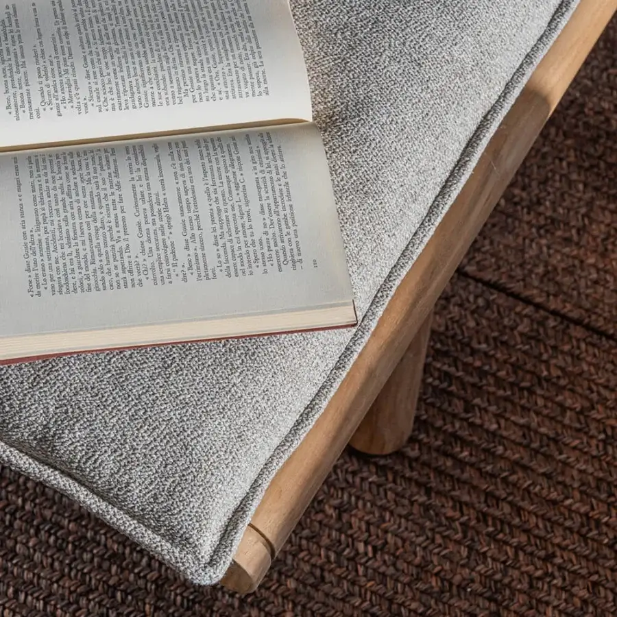 Superior Atmosphera Panama lounger crafted with grooved teak and muted gray-blue woven fabric for breathable comfort
