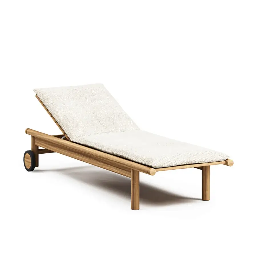 Elegant Atmosphera Panama lounger built with durable teak and light beige textured woven fabric for refined comfort