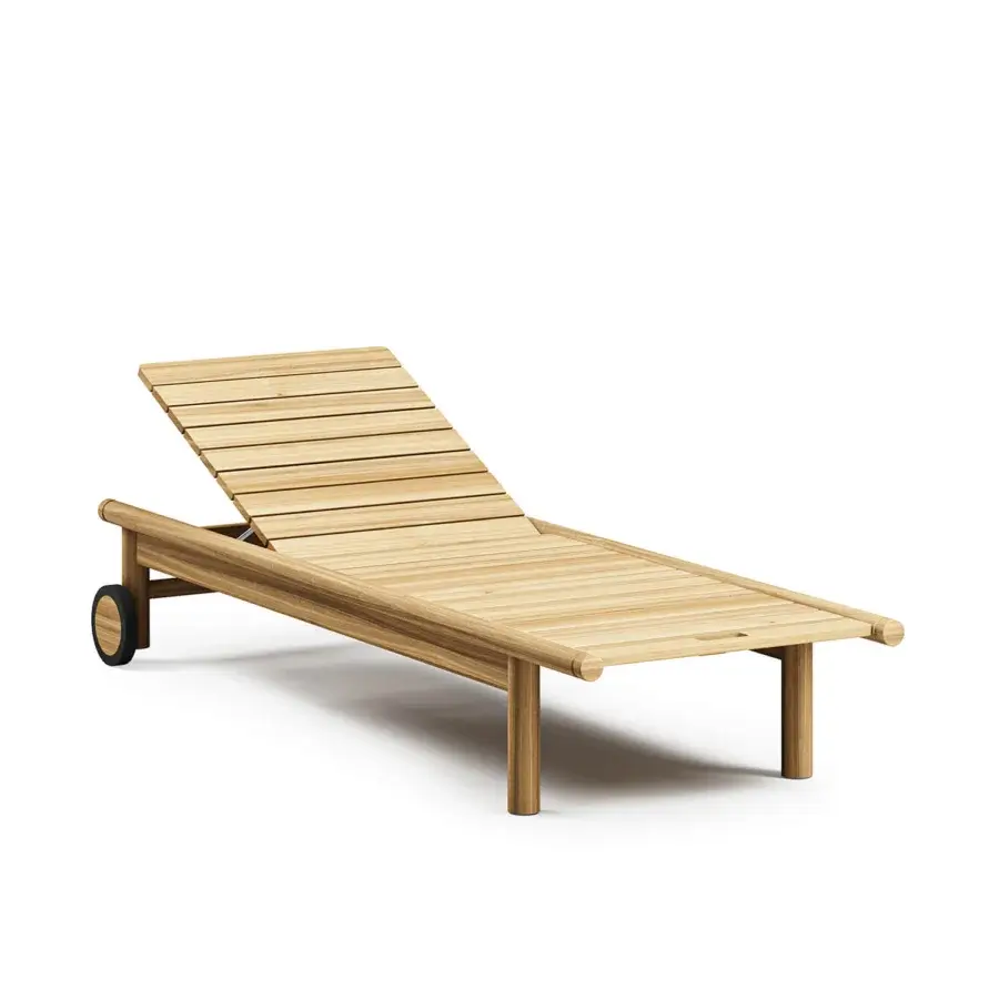 Superior Atmosphera Panama lounger crafted in honey-toned teak wood with a smooth satin finish and durable slatted surface