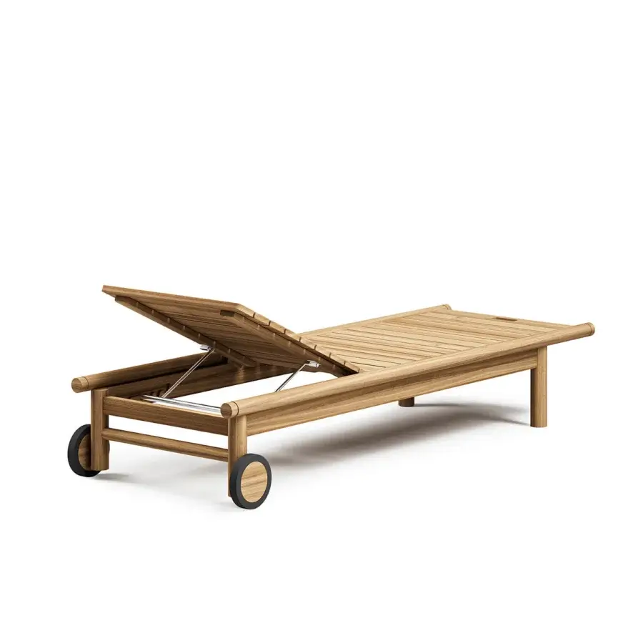 Elegant Atmosphera Panama lounger crafted in warm brown teak wood with a satin finish and breathable slatted surface