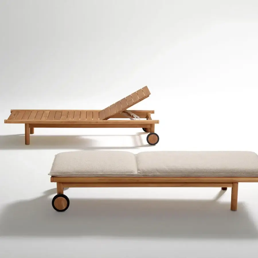 Superior Atmosphera Panama lounger crafted in warm medium-brown teak wood with a satin finish and durable slatted surface