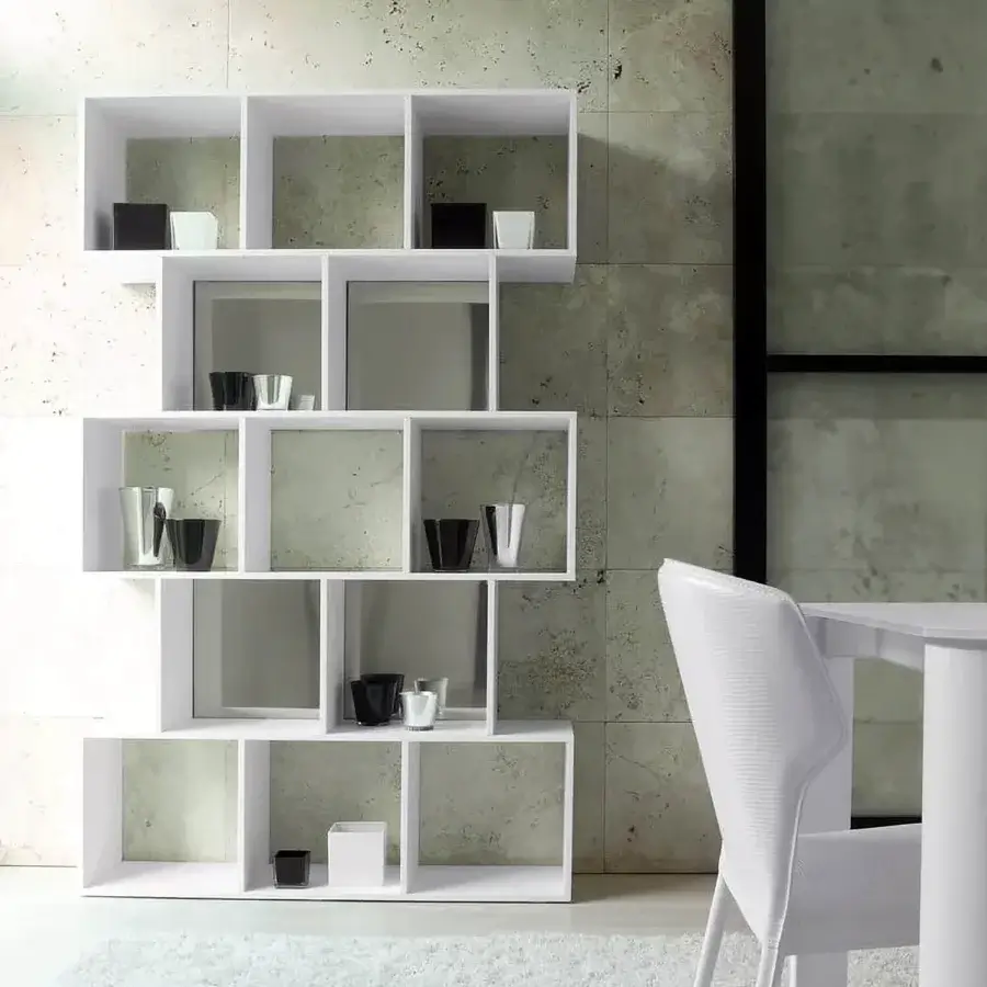 Exceptional Ivano Antonello Italia bookcase with asymmetrical volumes in matte synthetic material and seamless interconnected design