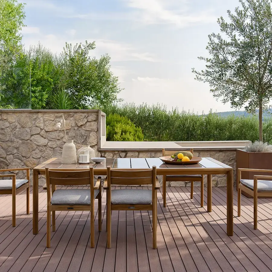 Distinguished Atmosphera Panama table with warm brown teak and clear glass insert in satin finish