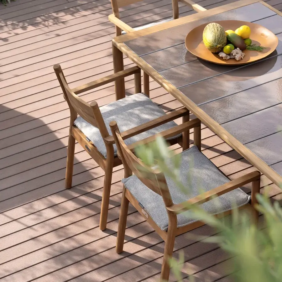 Superior Atmosphera Panama table built with clear glass and medium-brown teak wood with a satin finish