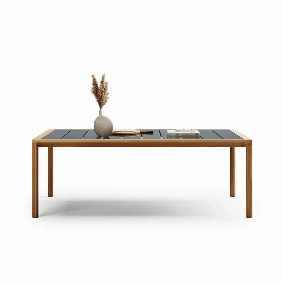 Elegant Atmosphera Panama table with a teak frame and ceramicized lava stone tabletop in satin finish