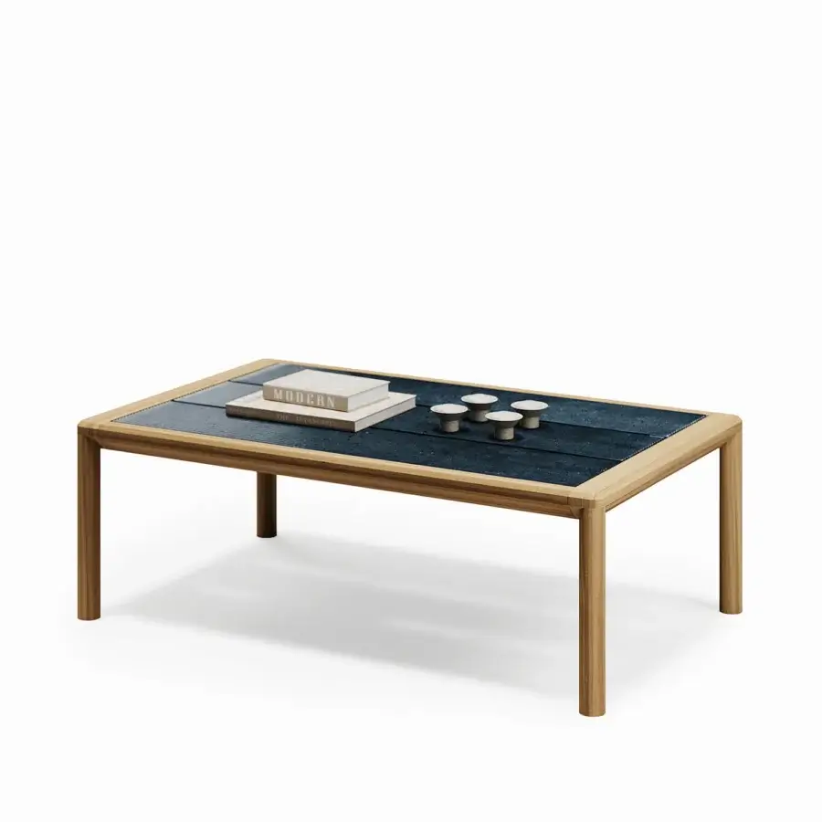 Architectural Atmosphera Panama coffee table crafted with solid teak and dark textured tempered glass in a smooth satin finish