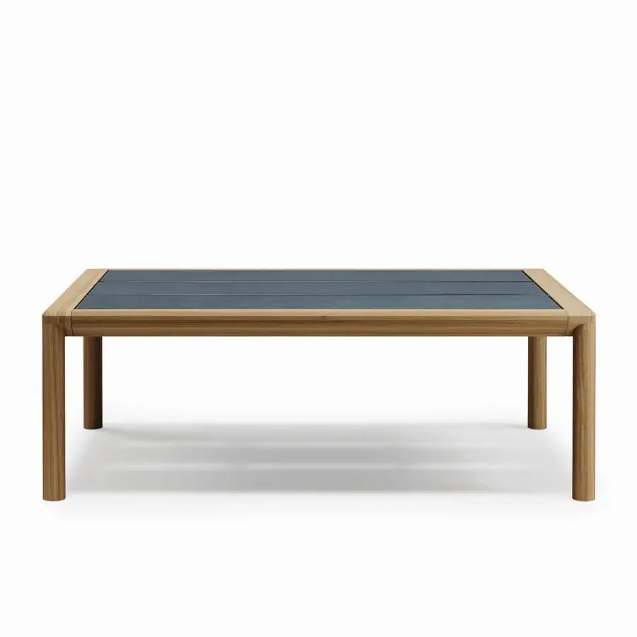 Distinguished Atmosphera Panama coffee table built with satin-finish teak wood and matte dark gray ceramicized lava stone