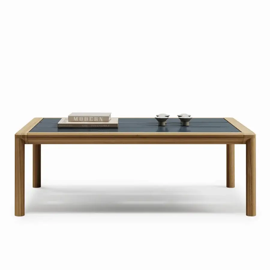 Exceptional Atmosphera Panama coffee table crafted with teak wood and dark blue-gray tempered glass with satin finish