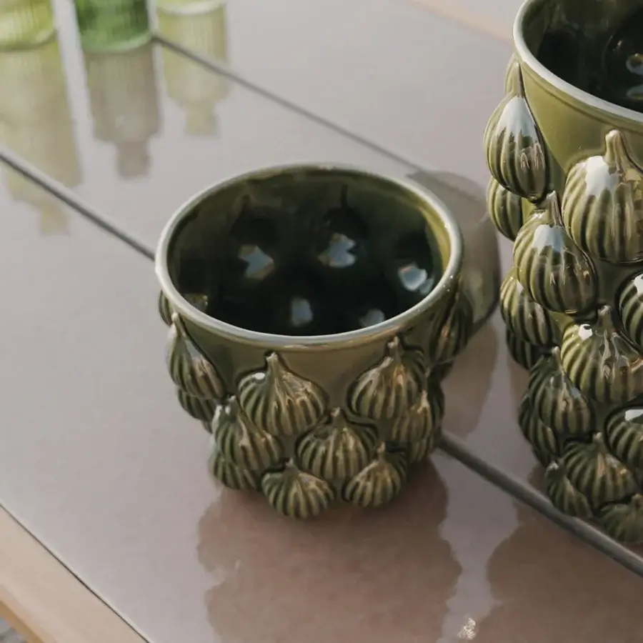 Distinguished Atmosphera Panama coffee table built with solid teak and ceramicized lava stone in muted olive green
