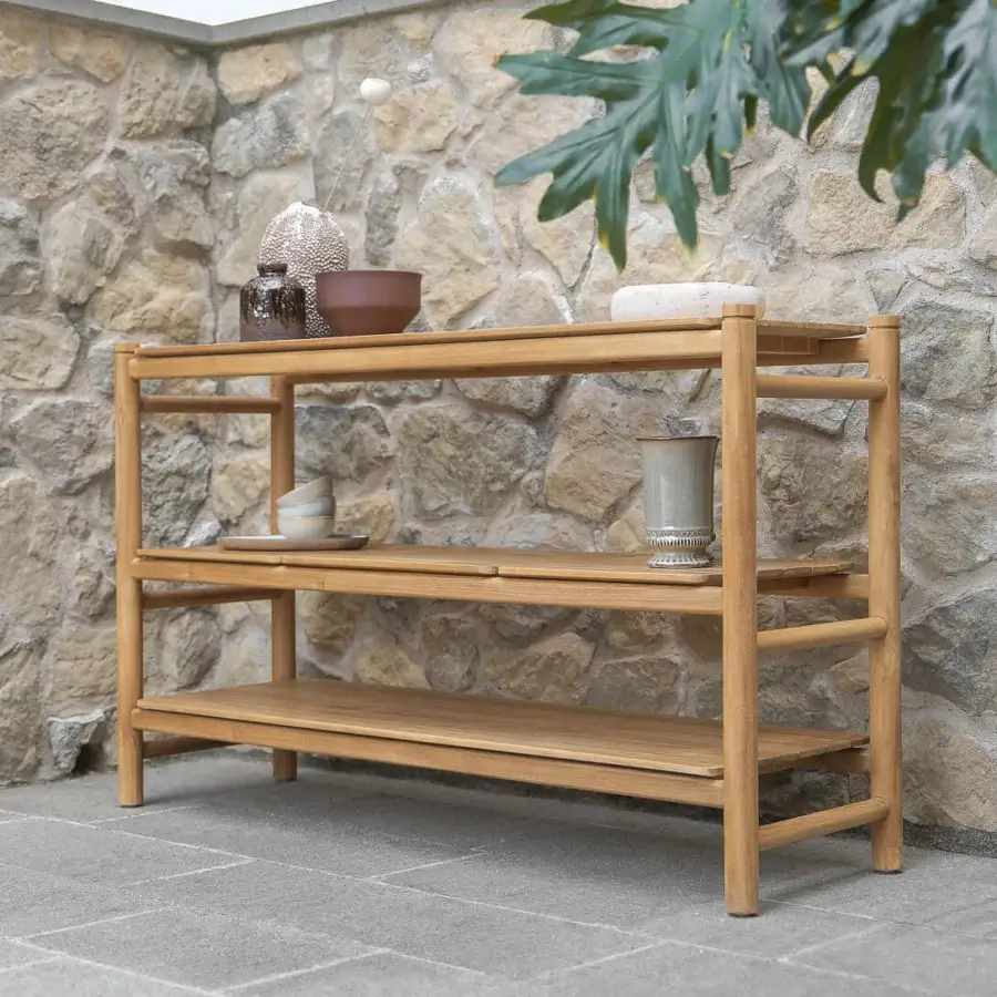 Architectural Atmosphera Panama console crafted with timber and satin finish exhibiting warm light brown tones with three open shelves