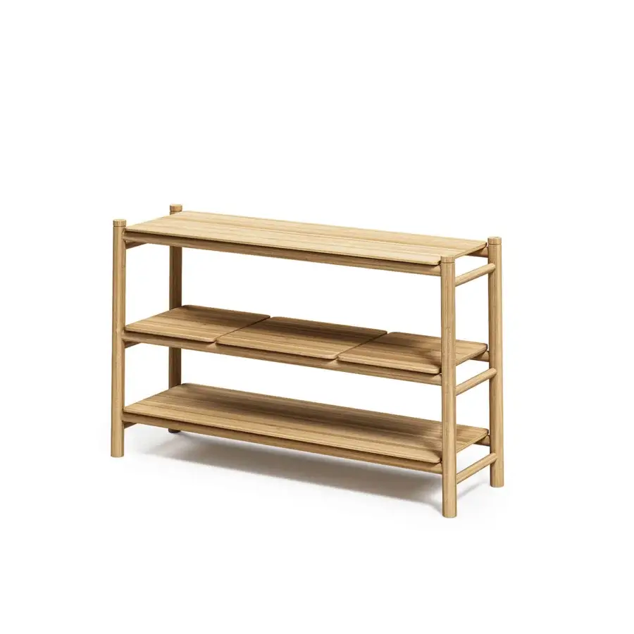 Distinguished Atmosphera Panama console crafted in timber with a satin finish and cylindrical legs supporting removable shelving
