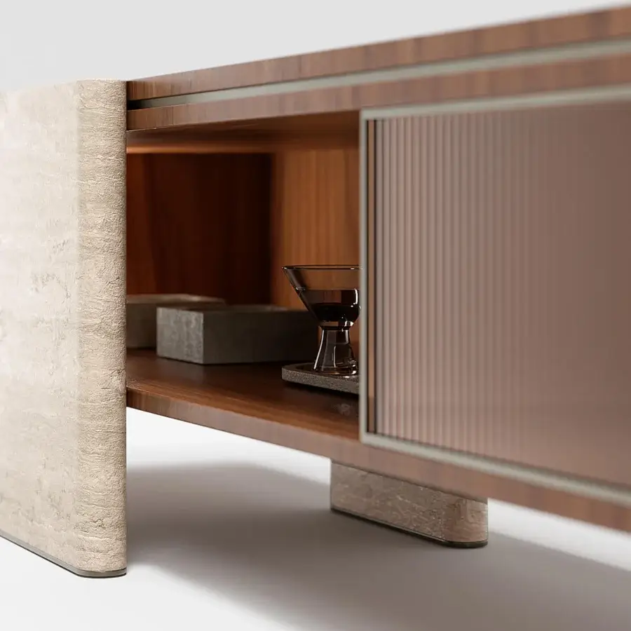 Superior Capital Aurelia TV stand built in wood essence with bronzed glass and marble legs, showcasing a satin finish
