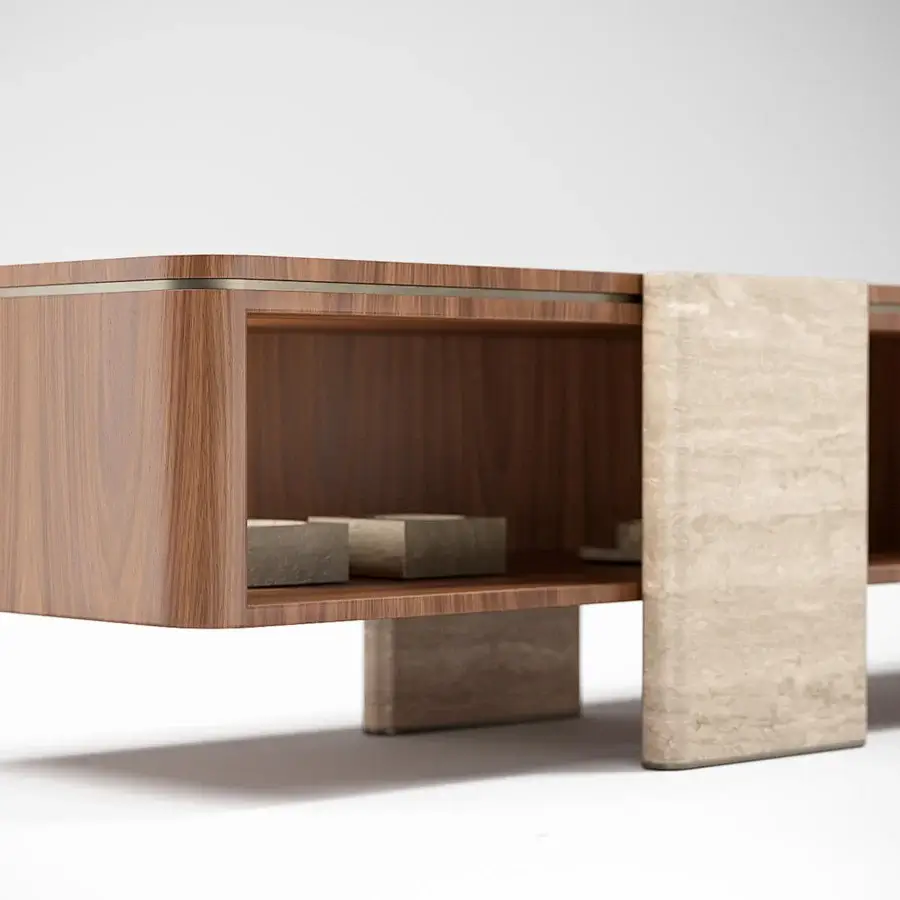 Elegant Capital Aurelia TV stand crafted in wood essence with satin finish and bronzed glass-fronted drawers with marble legs