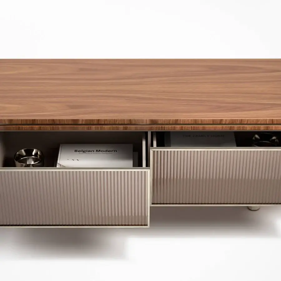 Distinguished Capital Aurelia TV stand built in wood essence with bronzed glass-fronted drawers and marble legs with satin finish