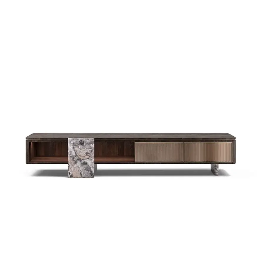 Exquisite Capital Aurelia TV stand crafted in wood essence with marble legs and bronzed glass fronts in dark brown and grey tones with satin finish