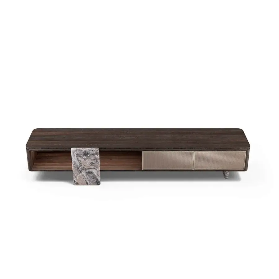 Captivating Capital Aurelia TV stand built in dark brown wood essence with bronzed glass and marble legs